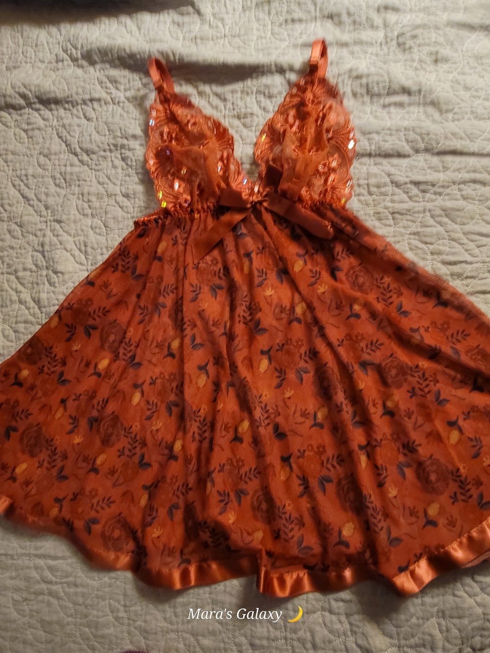 Women's Orange Floral Lace Babydoll Nightdress